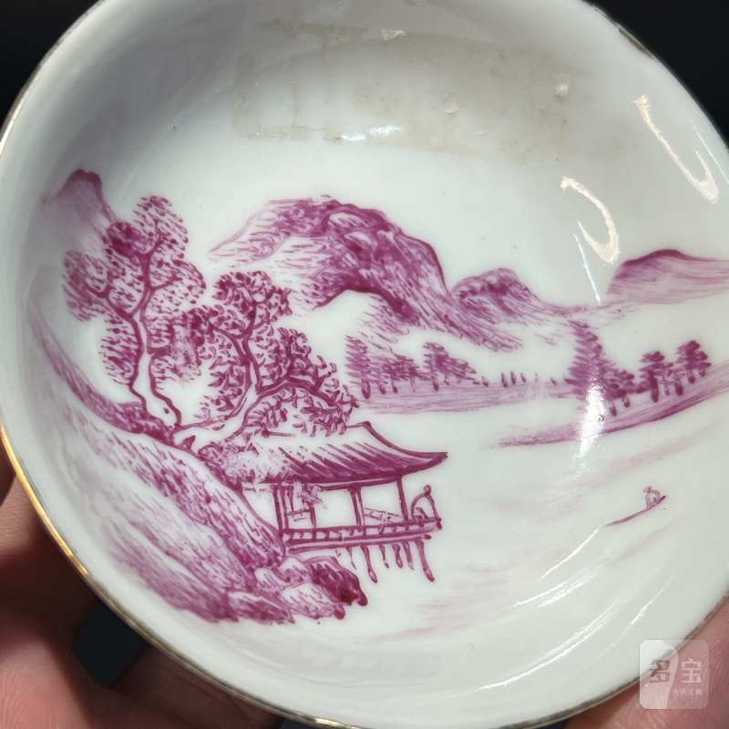 民国 胭脂红山水人物纹小盘 - 图5